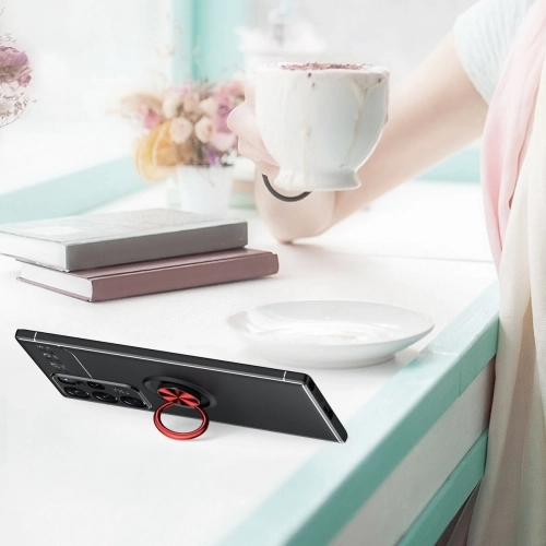 Samsung Galaxy S22 Ultra Kılıf Renkli Silikon Yüzüklü Standlı Auto Focus Ravel Kapak - Kırmızı - Siyah