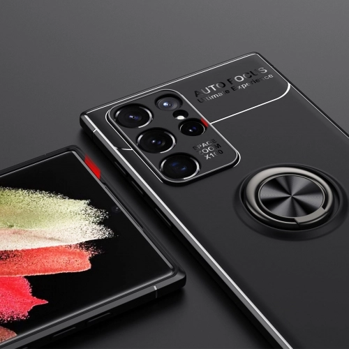 Samsung Galaxy S22 Ultra Kılıf Renkli Silikon Yüzüklü Standlı Auto Focus Ravel Kapak - Mavi - Siyah