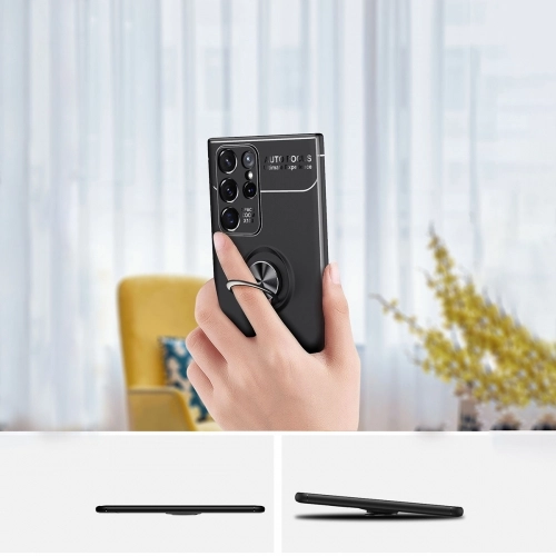 Samsung Galaxy S22 Ultra Kılıf Renkli Silikon Yüzüklü Standlı Auto Focus Ravel Kapak - Mavi - Siyah