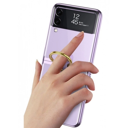 Samsung Galaxy Z Flip 3 Kılıf Yüzüklü Stand Özellikli Şeffaf Kıpta Kapak - Gold