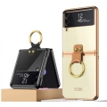 Samsung Galaxy Z Flip 3 Kılıf Yüzüklü Stand Özellikli Şeffaf Kıpta Kapak - Gold