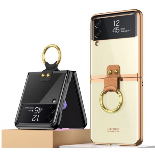 Samsung Galaxy Z Flip 3 Kılıf Yüzüklü Stand Özellikli Şeffaf Kıpta Kapak - Gold