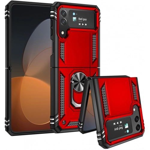 Samsung Galaxy Z Flip 4 Kılıf Zırhlı Standlı Mıknatıslı Katlanabilir Tank Kapak - Kırmızı