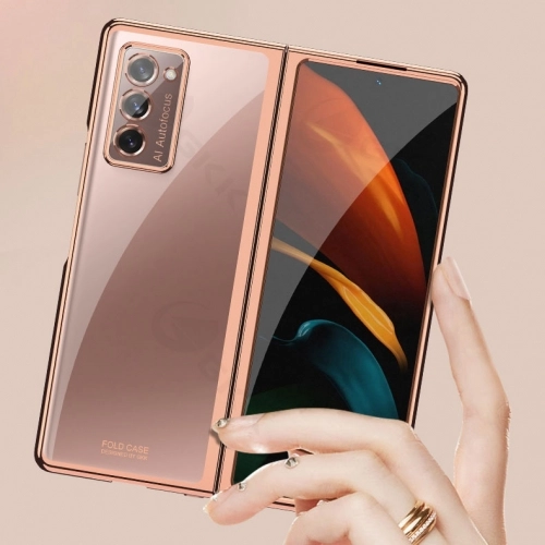Samsung Galaxy Z Fold 2 Kılıf Metal Görünümlü Esnek Kıpta Kapak - Rose Gold