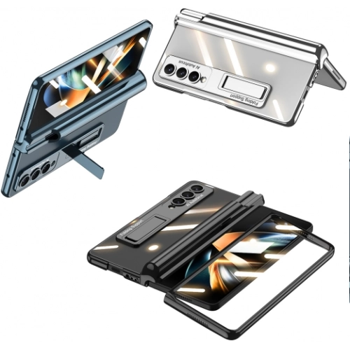 Samsung Galaxy Z Fold 4 Kılıf Kıpta Standlı Kalem Bölmeli Kapak - Siyah