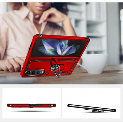 Samsung Galaxy Z Fold 4 Kılıf Zırhlı Standlı Mıknatıslı Katlanabilir Tank Kapak - Kırmızı