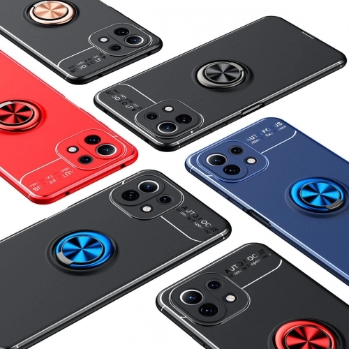 Xiaomi Mi 11 Lite Kılıf Renkli Silikon Yüzüklü Standlı Auto Focus Ravel Kapak - Mavi - Siyah
