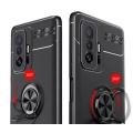 Xiaomi Mi 11T Kılıf Renkli Silikon Yüzüklü Standlı Auto Focus Ravel Kapak - Kırmızı - Siyah