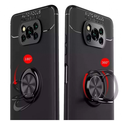 Xiaomi Poco X3 NFC Kılıf Renkli Silikon Yüzüklü Standlı Auto Focus Ravel Kapak - Kırmızı - Siyah