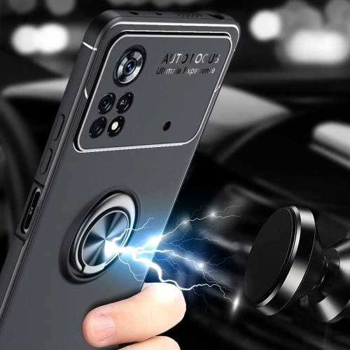 Xiaomi Poco X4 Pro Kılıf Renkli Silikon Yüzüklü Standlı Auto Focus Ravel Kapak - Mavi - Siyah