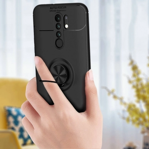 Xiaomi Redmi 9 Kılıf Renkli Silikon Yüzüklü Standlı Auto Focus Ravel Kapak - Kırmızı - Siyah