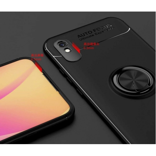 Xiaomi Redmi 9A Kılıf Renkli Silikon Yüzüklü Standlı Auto Focus Ravel Kapak - Kırmızı - Siyah