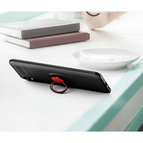 Xiaomi Redmi 9A Kılıf Renkli Silikon Yüzüklü Standlı Auto Focus Ravel Kapak - Kırmızı - Siyah
