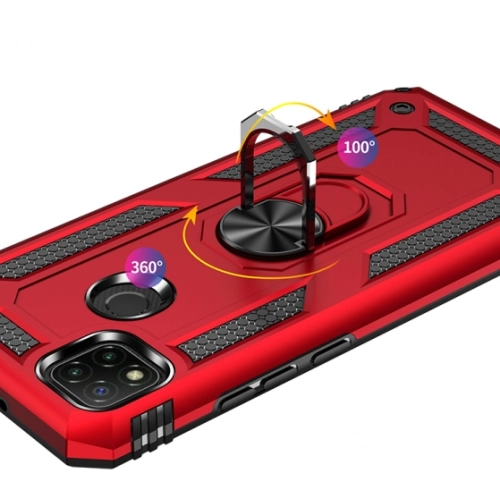 Xiaomi Redmi 9C Kılıf Silikon Zırhlı Standlı Yüzüklü Mıknatıslı Tank Kapak - Kırmızı