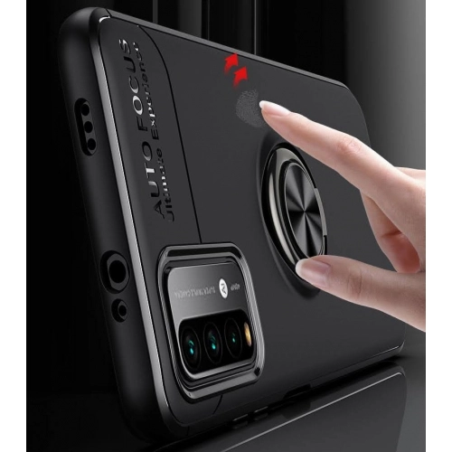 Xiaomi Redmi 9T Kılıf Renkli Silikon Yüzüklü Standlı Auto Focus Ravel Kapak - Mavi - Siyah