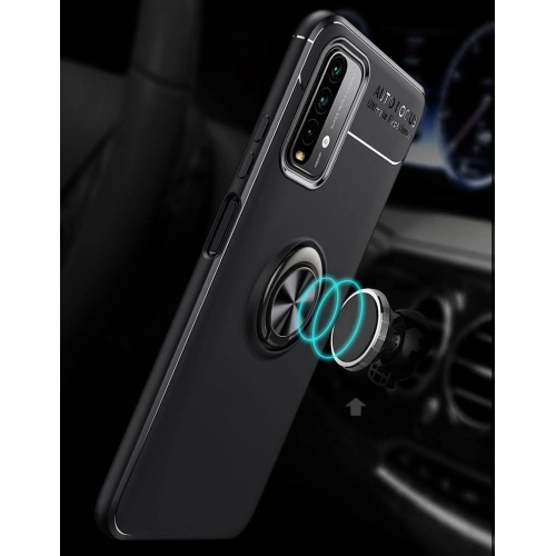Xiaomi Redmi 9T Kılıf Renkli Silikon Yüzüklü Standlı Auto Focus Ravel Kapak - Kırmızı - Siyah