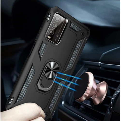 Xiaomi Redmi 9T Kılıf Silikon Zırhlı Standlı Yüzüklü Mıknatıslı Tank Kapak - Gümüş