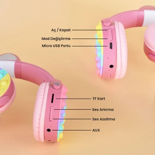 Zore CXT-950 RGB Led Işıklı Kedi Kulağı Band Tasarımı Ayarlanabilir Katlanabilir Kulak Üstü Bluetooth Kulaklık - Yeşil