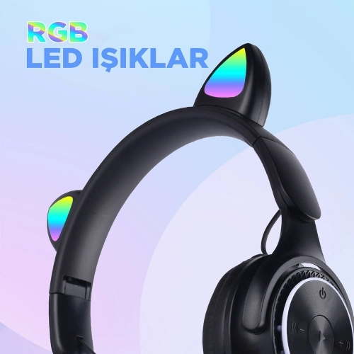 Zore M6 Pro Cat RGB Led Işıklı Kedi Kulağı Band Tasarımlı Ayarlanabilir ve Katlanabilir Kulak Üstü Bluetooth Kulaklık - Beyaz