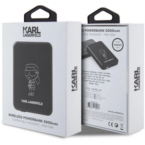 Karl Lagerfeld Led Işıklı Göstergeli Magsafe Magnetik Orjinal Lisanslı Powerbank 5000 Mah - Siyah