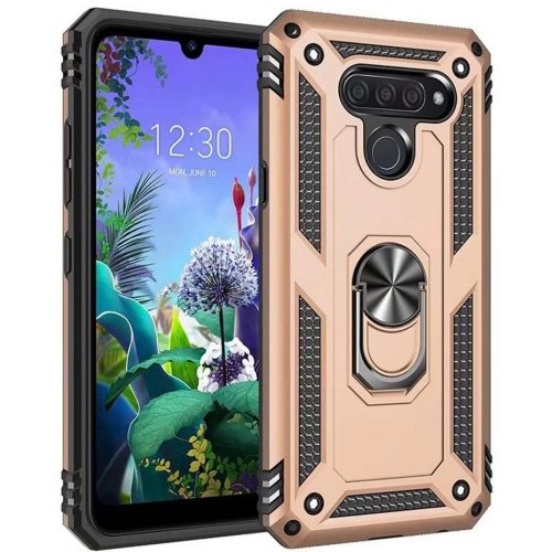 LG Q60 Kılıf Silikon Zırhlı Standlı Yüzüklü Mıknatıslı Tank Kapak - Gold