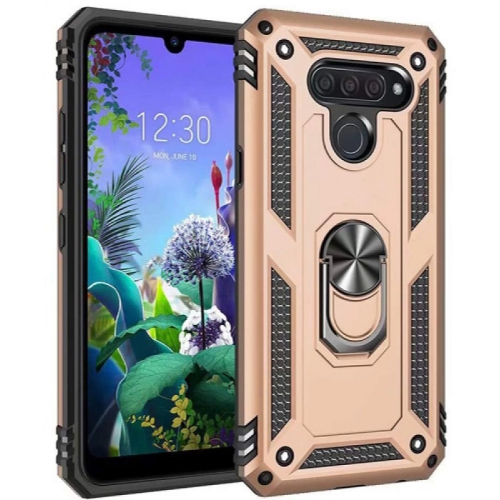 LG Q60 Kılıf Silikon Zırhlı Standlı Yüzüklü Mıknatıslı Tank Kapak - Gold