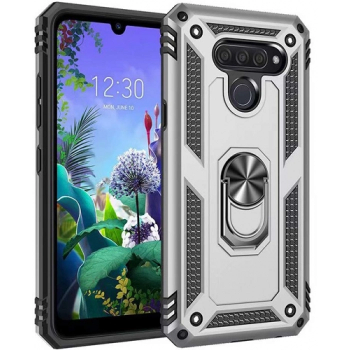 LG Q60 Kılıf Silikon Zırhlı Standlı Yüzüklü Mıknatıslı Tank Kapak - Gri