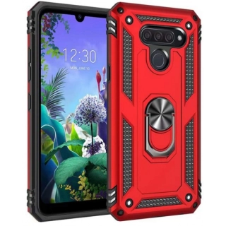 LG Q60 Kılıf Silikon Zırhlı Standlı Yüzüklü Mıknatıslı Tank Kapak - Kırmızı