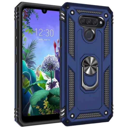 LG Q60 Kılıf Silikon Zırhlı Standlı Yüzüklü Mıknatıslı Tank Kapak - Lacivert