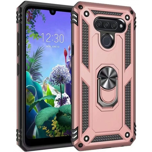 LG Q60 Kılıf Silikon Zırhlı Standlı Yüzüklü Mıknatıslı Tank Kapak - Rose Gold