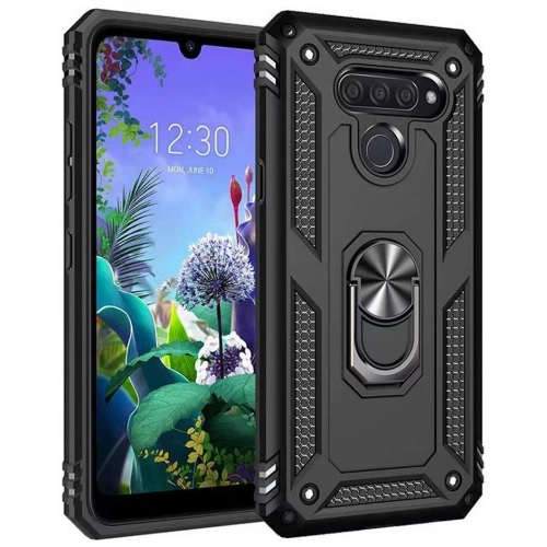 LG Q60 Kılıf Silikon Zırhlı Standlı Yüzüklü Mıknatıslı Tank Kapak - Siyah
