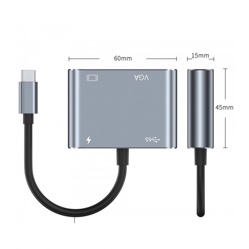 Newface Type-C To 4 Portlu HDMI VGA Çoklayıcı Adaptör HUB - Gri