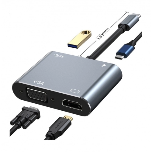 Newface Type-C To 4 Portlu HDMI VGA Çoklayıcı Adaptör HUB - Gri