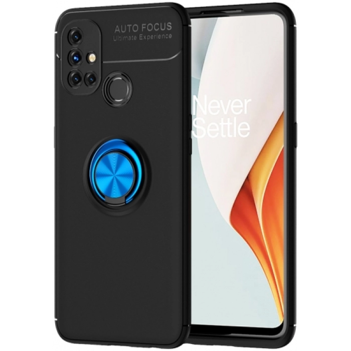 OnePlus Nord N10 Kılıf Renkli Silikon Yüzüklü Standlı Auto Focus Ravel Kapak - Mavi - Siyah
