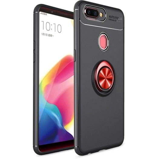 Oppo A12 Kılıf Renkli Silikon Yüzüklü Standlı Auto Focus Ravel Kapak - Kırmızı - Siyah