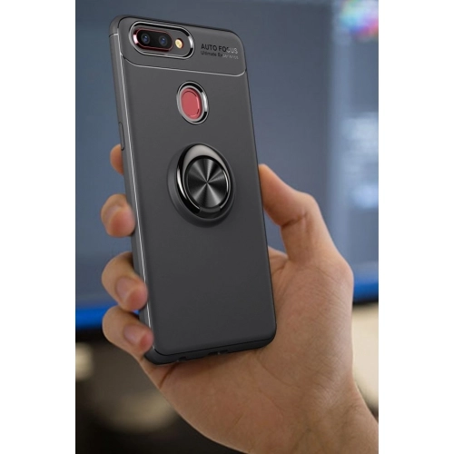 Oppo A12 Kılıf Renkli Silikon Yüzüklü Standlı Auto Focus Ravel Kapak - Kırmızı - Siyah