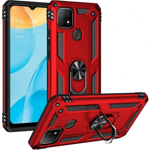 Oppo A15 Kılıf Silikon Zırhlı Standlı Yüzüklü Mıknatıslı Tank Kapak - Kırmızı