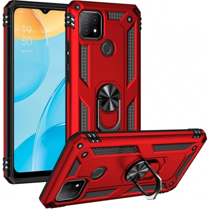 Oppo A15 Kılıf Silikon Zırhlı Standlı Yüzüklü Mıknatıslı Tank Kapak - Kırmızı
