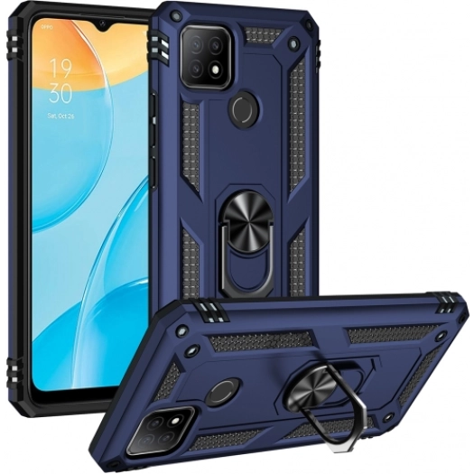 Oppo A15 Kılıf Silikon Zırhlı Standlı Yüzüklü Mıknatıslı Tank Kapak - Lacivert