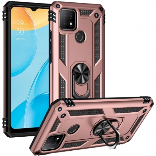 Oppo A15 Kılıf Silikon Zırhlı Standlı Yüzüklü Mıknatıslı Tank Kapak - Rose Gold