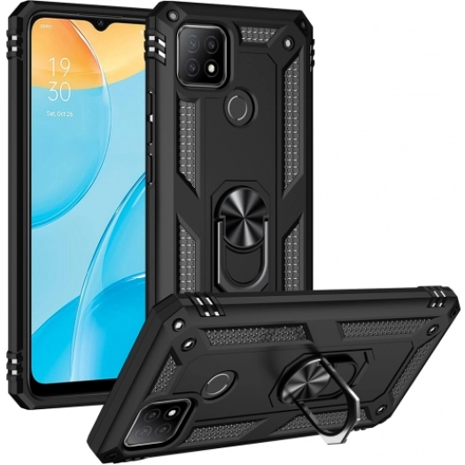 Oppo A15 Kılıf Silikon Zırhlı Standlı Yüzüklü Mıknatıslı Tank Kapak - Siyah