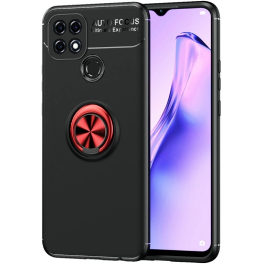 Oppo A15s Kılıf Renkli Silikon Yüzüklü Standlı Auto Focus Ravel Kapak - Kırmızı - Siyah