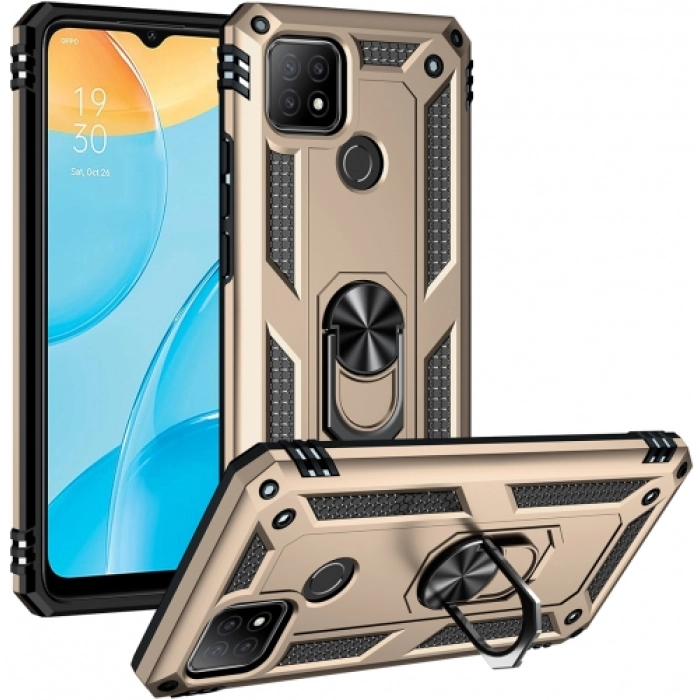 Oppo A15s Kılıf Silikon Zırhlı Standlı Yüzüklü Mıknatıslı Tank Kapak - Gold