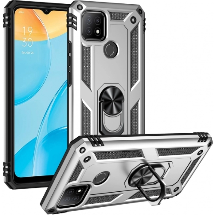 Oppo A15s Kılıf Silikon Zırhlı Standlı Yüzüklü Mıknatıslı Tank Kapak - Gümüş