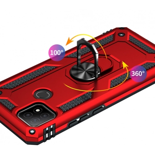Oppo A15s Kılıf Silikon Zırhlı Standlı Yüzüklü Mıknatıslı Tank Kapak - Kırmızı