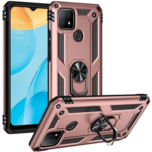 Oppo A15s Kılıf Silikon Zırhlı Standlı Yüzüklü Mıknatıslı Tank Kapak - Rose Gold