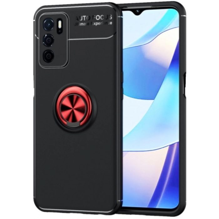 Oppo A16 Kılıf Renkli Silikon Yüzüklü Standlı Auto Focus Ravel Kapak - Kırmızı - Siyah