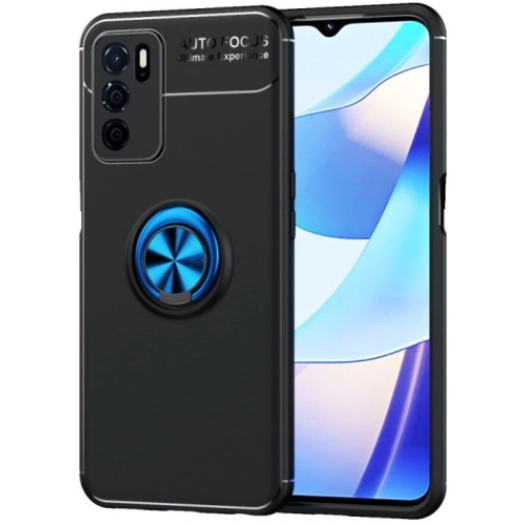Oppo A16 Kılıf Renkli Silikon Yüzüklü Standlı Auto Focus Ravel Kapak - Mavi - Siyah
