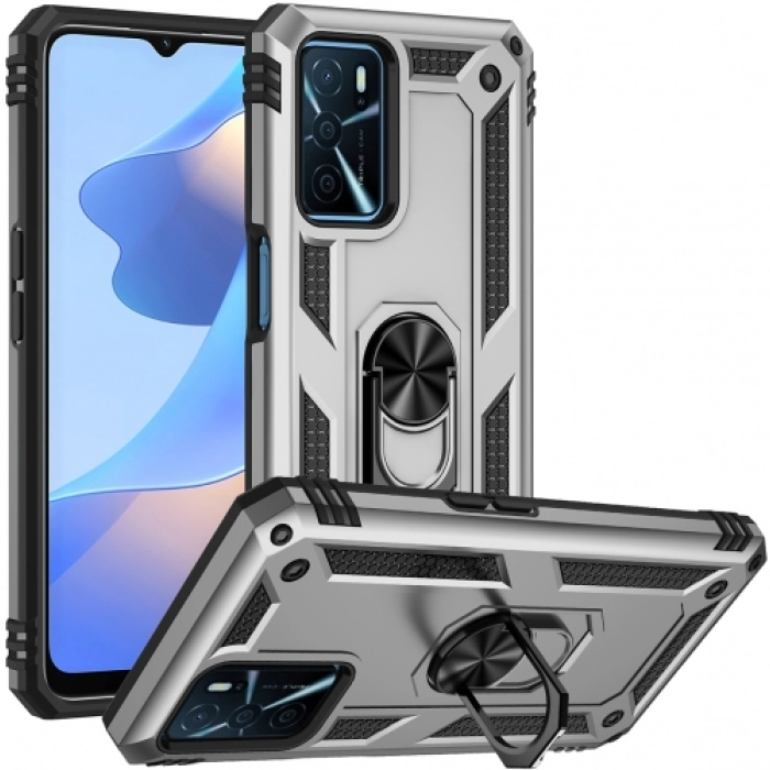 Oppo A16 Kılıf Silikon Zırhlı Standlı Yüzüklü Mıknatıslı Tank Kapak - Gümüş