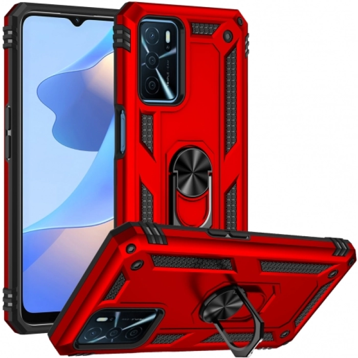 Oppo A16 Kılıf Silikon Zırhlı Standlı Yüzüklü Mıknatıslı Tank Kapak - Kırmızı